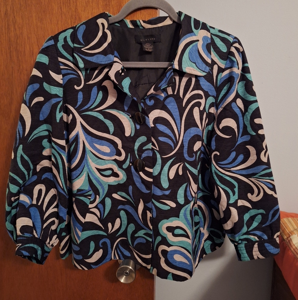 SilkLand Stylish Black, Ivory and Blue Patterned 100% Silk Women's Jacket Size M